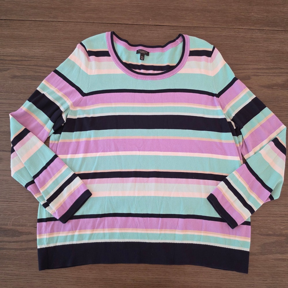 Talbots Woman Petites Striped Knit Sweater Purple Turquoise Navy 2XP Pullover